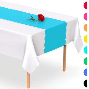Turquoise Scallop Disposable Table Runner. 5 Pack 14 x 108 inch. Plastic Table Runner Adds A Pop of Color To Your Party Table, by Swanoo